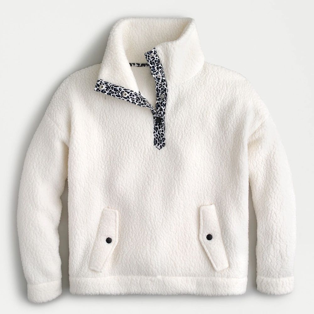 J Crew Polartec® Sherpa Fleece Leopard-trim Snap Collar Jacket NWT